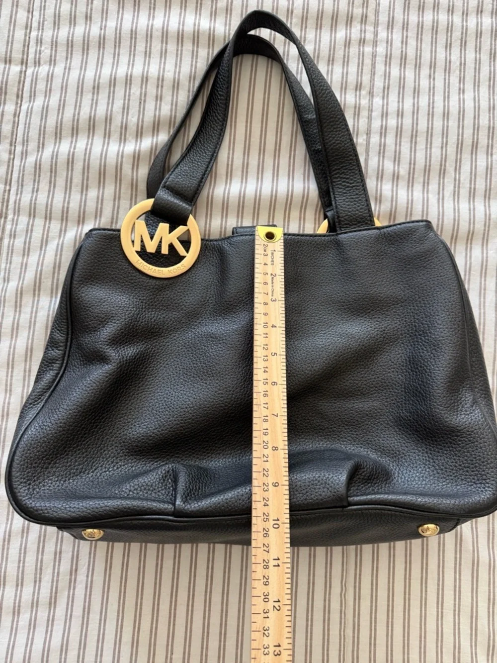 Michael Kors Black Leather Tote with Gold MK Logo Charm